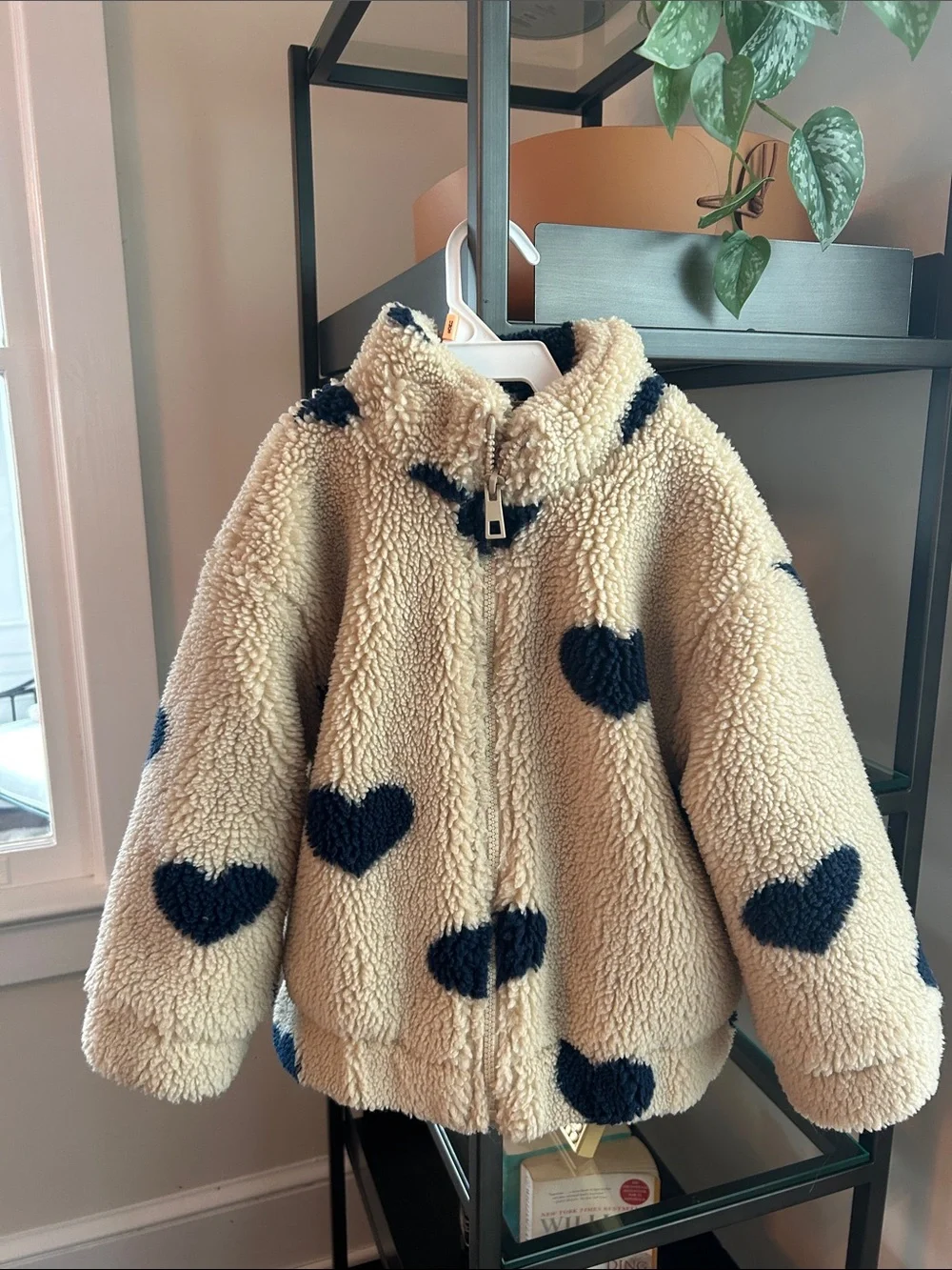 Zara Cream Sherpa Jacket with Navy Heart Accents